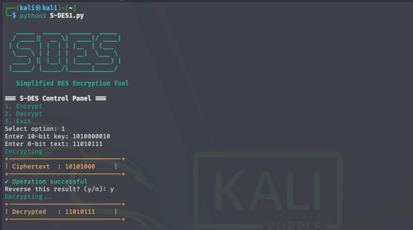 S-DES Encryption Program Output